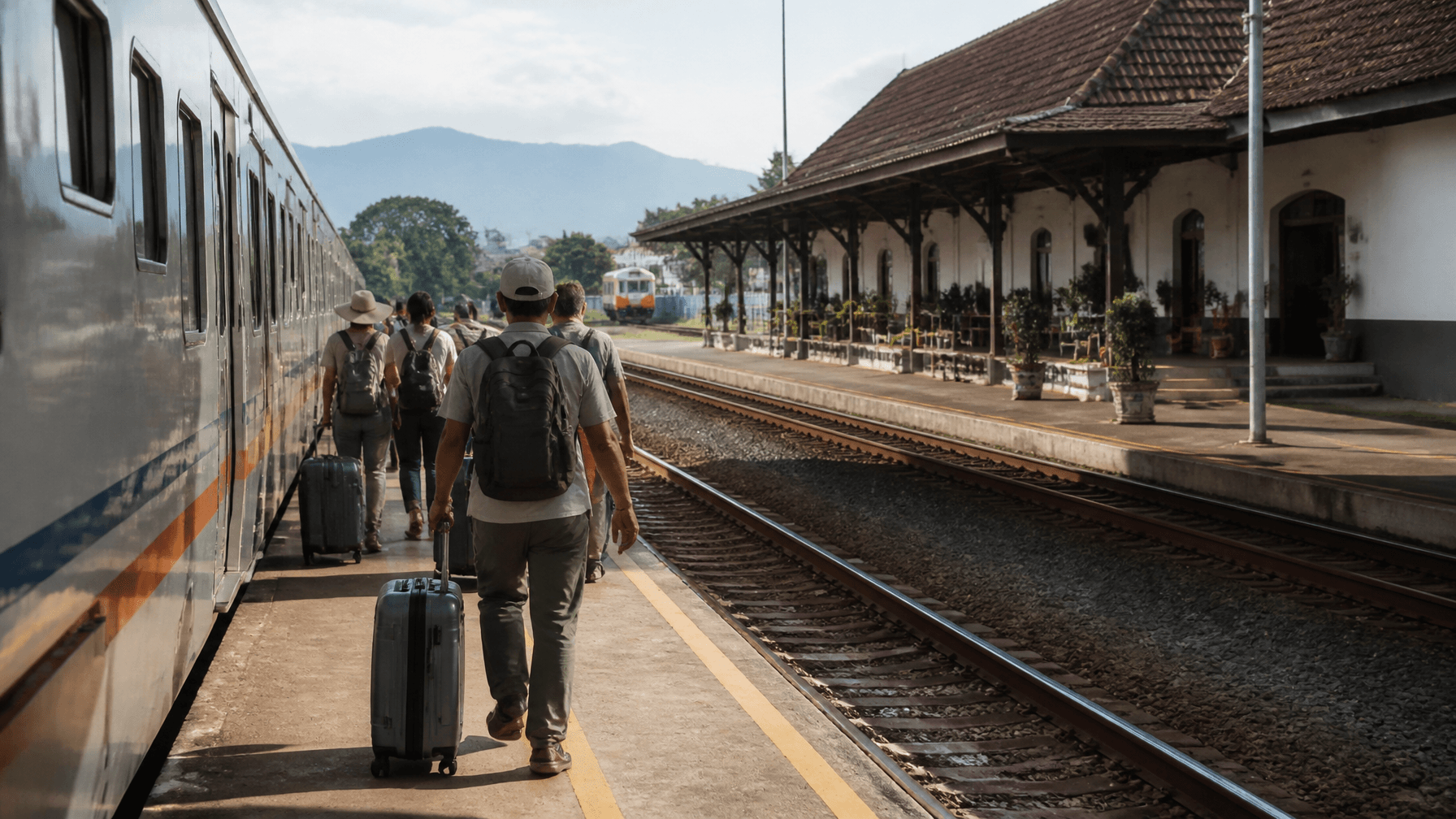 A cinematic wide angle shot of arriving at Purwokerto train station platform with tourists holding l