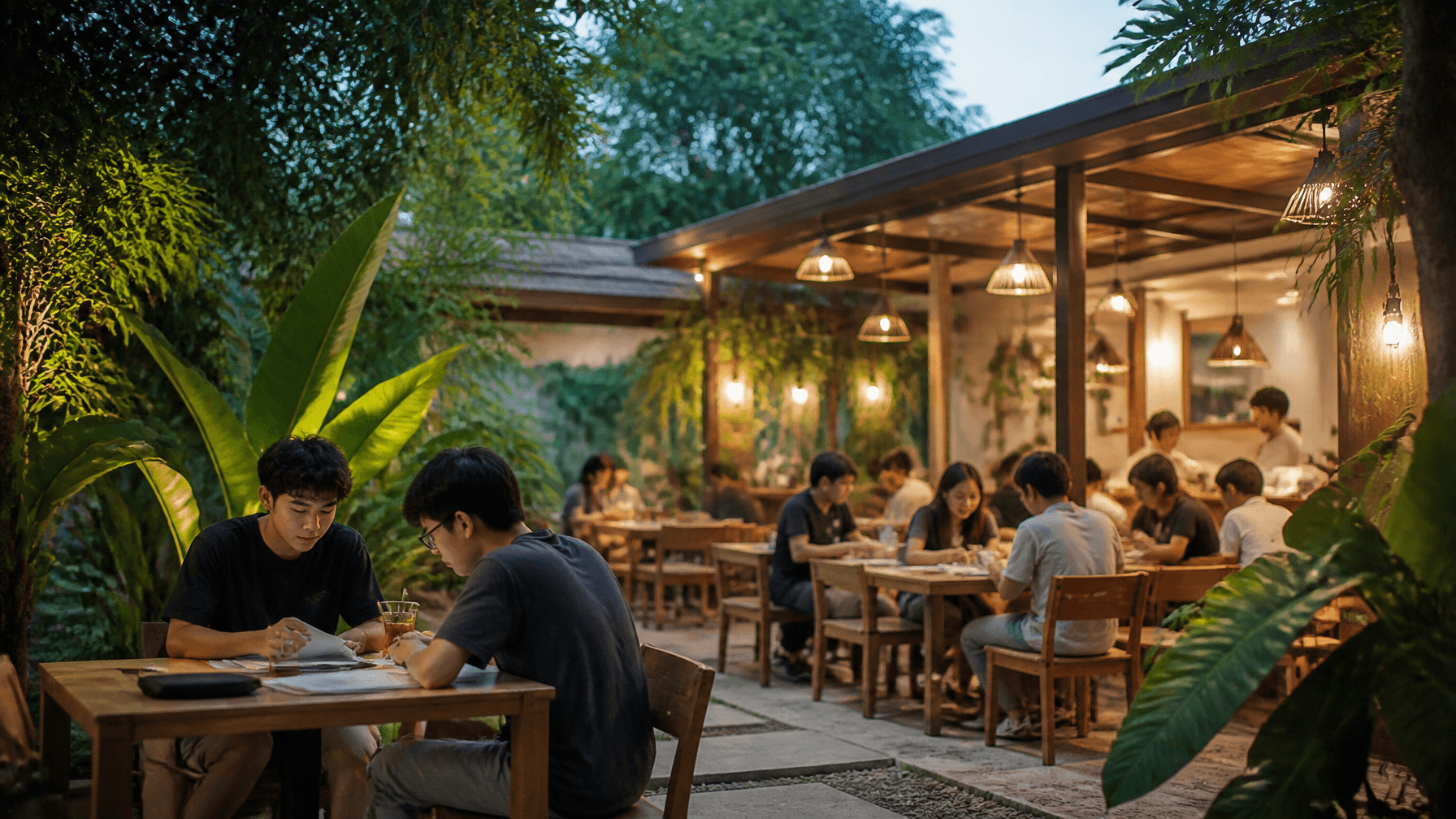 A cozy open-air coffee shop near a university in Purwokerto Indonesia, college students studying and